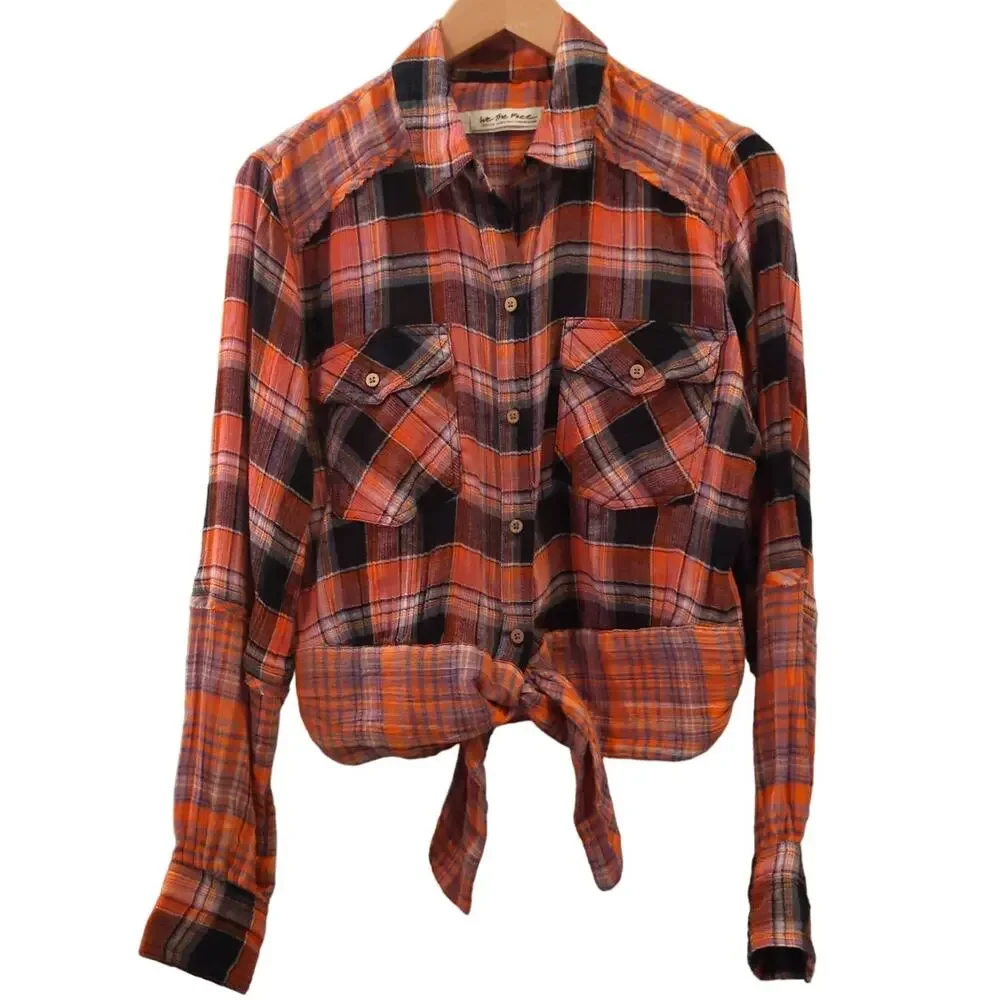 Free People We The Free Pink Orange Plaid Tie Front Western Shirt Medium - Picture 2 of 7
